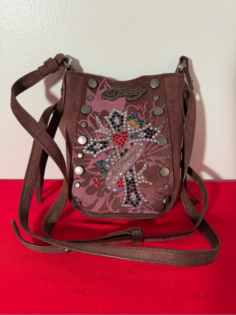 Ed Hardy Brown Suede Crossbody with Rhinestone Cross and Studs